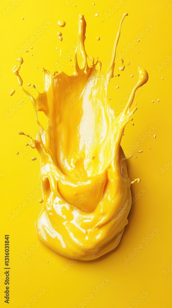 Poster dramatic splash of vibrant yellow paint against a bright background creating dynamic movement and vi