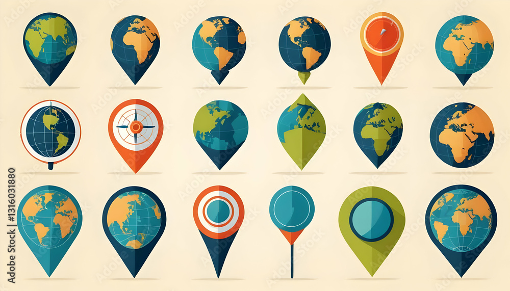 Poster colorful map pins and globes representing global navigation concepts