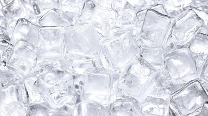 Obraz premium Closeup of Numerous Crystal Clear Ice Cubes with Bubbles Capturing Light in a Refreshing Background for Beverages and Culinary Uses