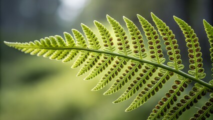 Fern's Delicate Dance: Close-up shot of a vibrant fern leaf, with its intricate patterns and textures bathed in soft sunlight, offering a soothing contrast to the blurred backdrop.