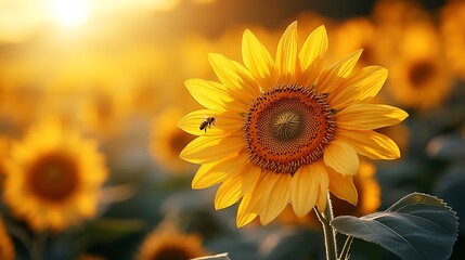 Fototapeta premium A sunlit field of blooming sunflowers with busy bees collecting pollen