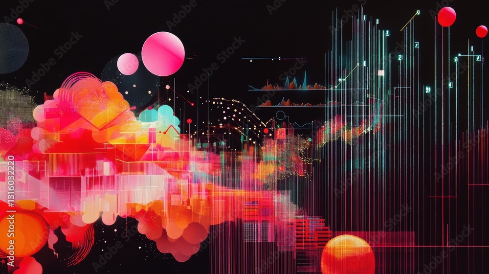 Poster vibrant abstract digital artwork featuring colorful shapes and dynamic patterns representing data vi