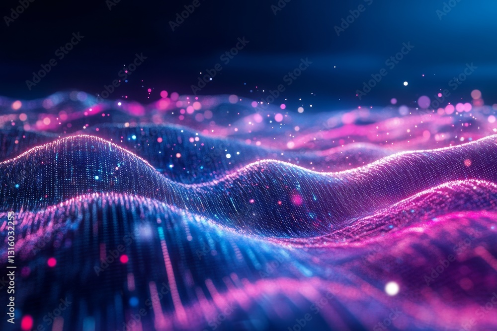 Poster a computer generated image of a purple and blue landscape with a lot of sparkles. the image has a dr