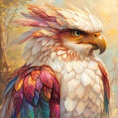 Colorful mythical bird portrait in autumn forest