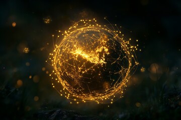 Obraz premium Glowing Network Connections Around a Digital Earth on Dark Background, Overlay, Texture