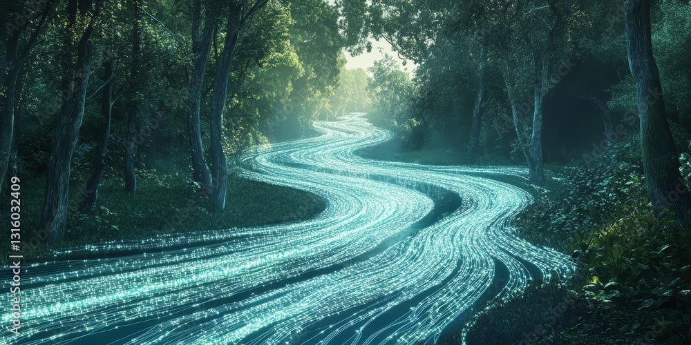 Poster a winding river illuminated with a soft ethereal glow flows through a serene forest landscape. the e