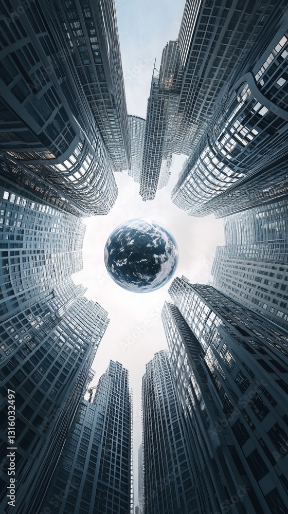 Aufkleber a cityscape with a large globe in the center. the globe is surrounded by tall buildings, creating a 