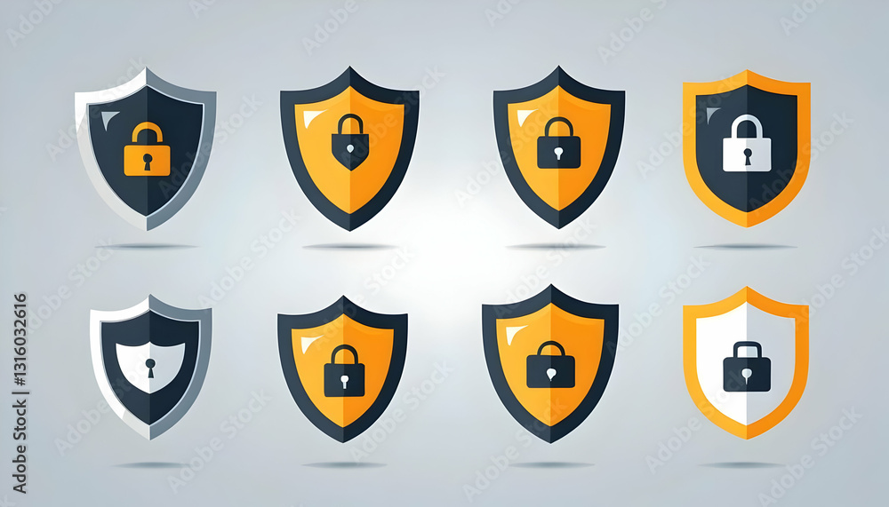 Poster colorful shields with lock icons for security and protection concepts