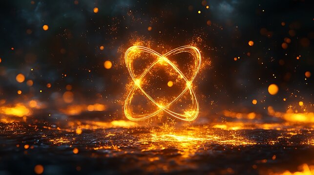 Bright golden atom icon with dynamic light trails and floating particles cosmic theme