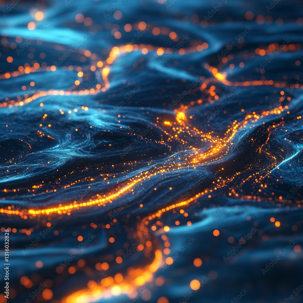 Poster the image is a blue and orange swirl of water with glowing specks. the colors and patterns create a 
