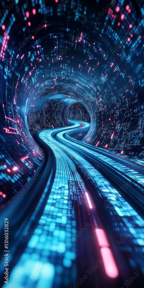 Poster experience a mesmerizing digital tunnel filled with glowing lights and data flow. this abstract visu