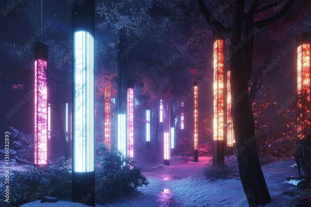 Poster discover a surreal forest scene featuring glowing trees and distorted lighting effects, creating a d