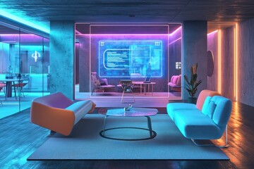 Futuristic lounge with AR for managing team projects efficiently.