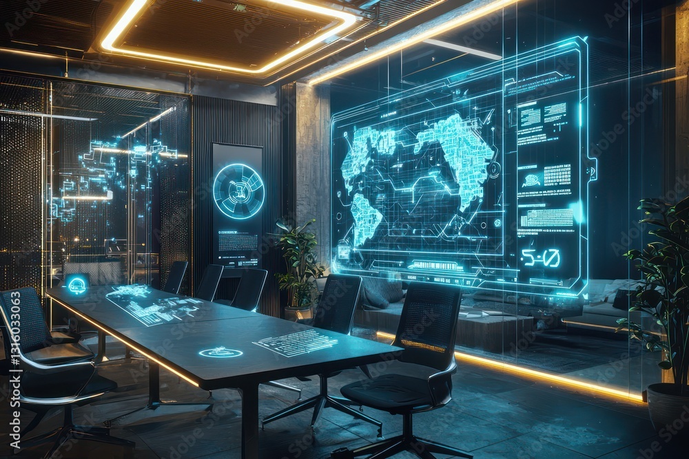 Poster coworking lounge displays real-time attacks via ai holography.