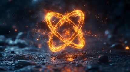 Energy-infused golden atom symbol with electric waves and motion blur effect