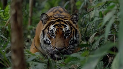 Fototapeta premium A tiger prowls stealthily through the dense jungle, its eyes keen and alert, epitomizing wild grace and predatory instinct.