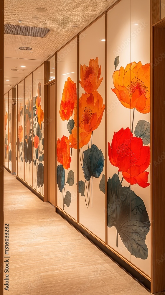 Poster a vibrant mural adorns the hallway wall, featuring an array of colorful flowers in various sizes and