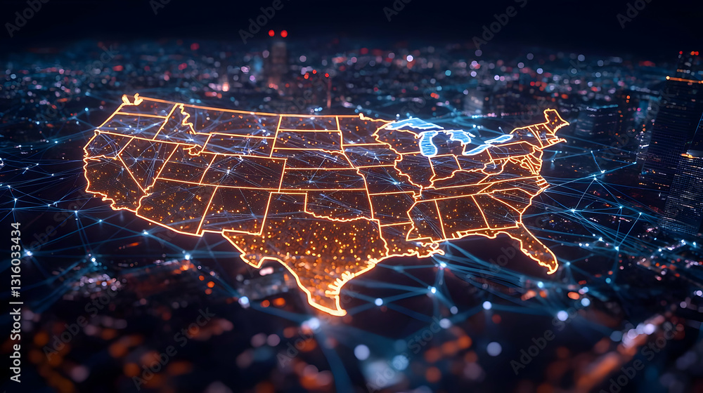 Poster illuminated pixelated map of the united states with interconnected network nodes and city lights at 