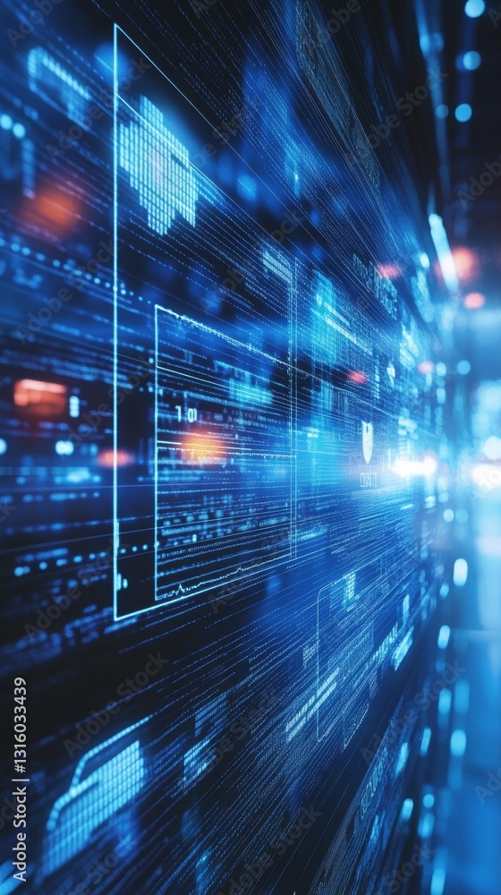 Poster a computer screen with a blue background and a lot of lines and dots