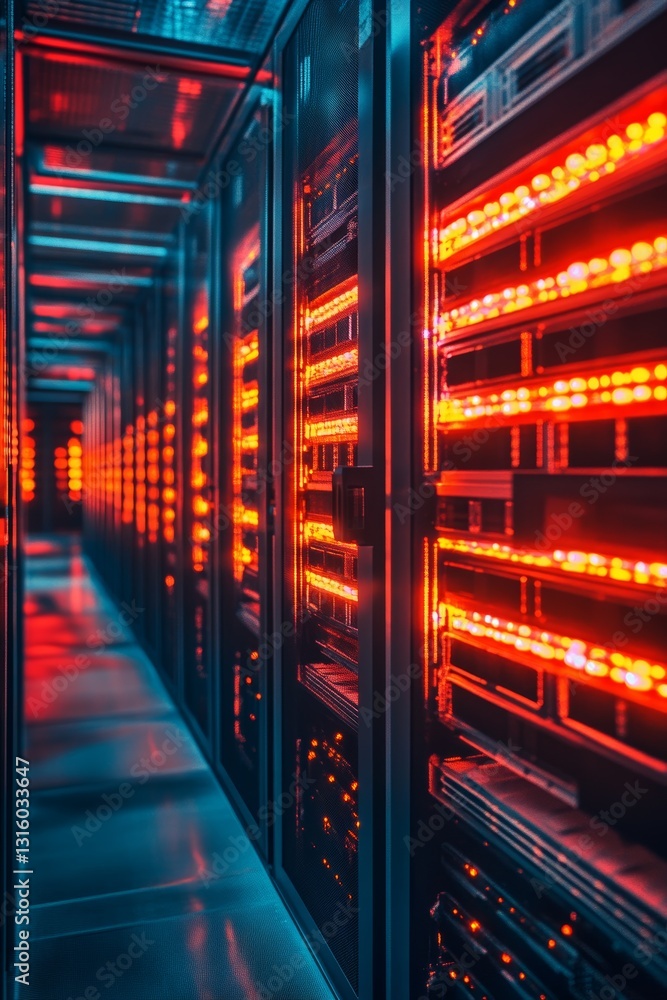 Poster a visually striking data center corridor featuring rows of servers with vibrant red lights. the imag