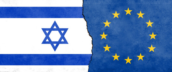 israel and european union (eu)  flag separated by crack line. concept of geopolitical and economic relations between eu and israel