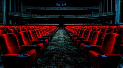 Fototapeta premium Empty Red Cinema Seats Theater Auditorium Movie House Film Show Evening Dark Luxur