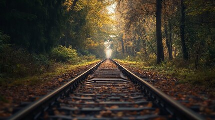 Fototapeta premium Explore the serene journey of life depicted through endless railway tracks surrounded by vibrant autumn foliage. A beautiful representation of nature's tranquility.