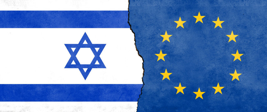 israel and european union (eu)  flag separated by crack line. concept of geopolitical and economic relations between eu and israel
