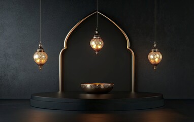 Obraz premium 3D rendering of a black podium with a golden Islamic lantern hanging on a dark background for product display presentation, Ramadan and Eid Mubarak concept. The design is simple, elegant, minimalist, 