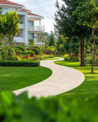 Obraz premium Beautiful landscaped garden walkway in a serene residential area during daytime
