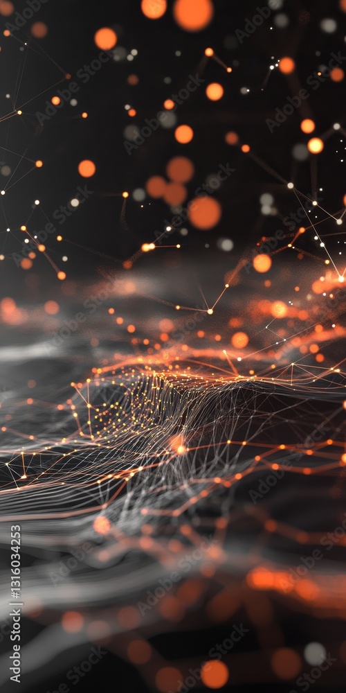 Poster captivating abstract visual featuring a wave of glowing particles and interconnected lines against a