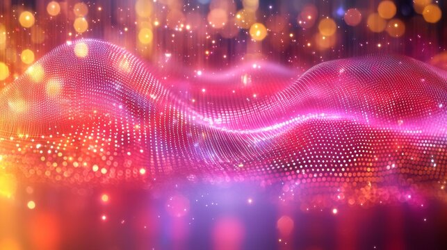 Abstract digital wave background with glowing particles, vibrant colors, futuristic design, data visualization concept.