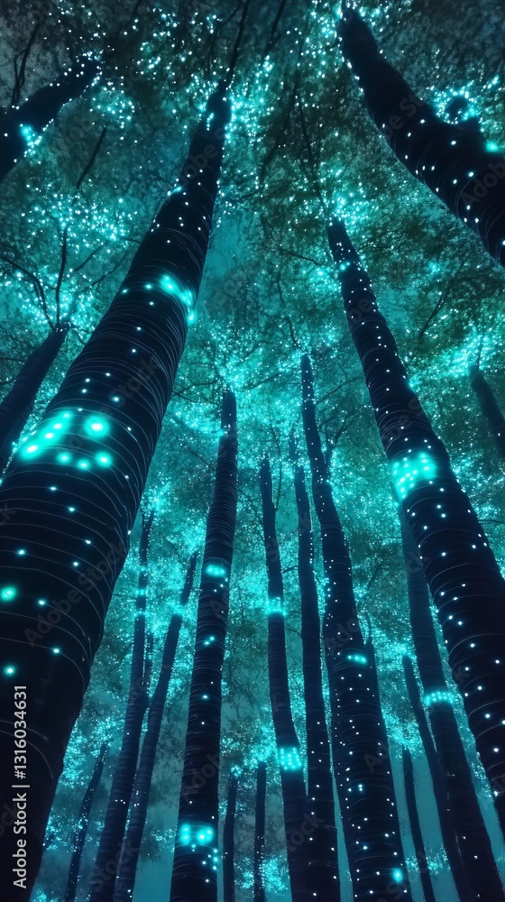Poster discover an enchanting forest scene where trees are adorned with glowing data nodes instead of leave