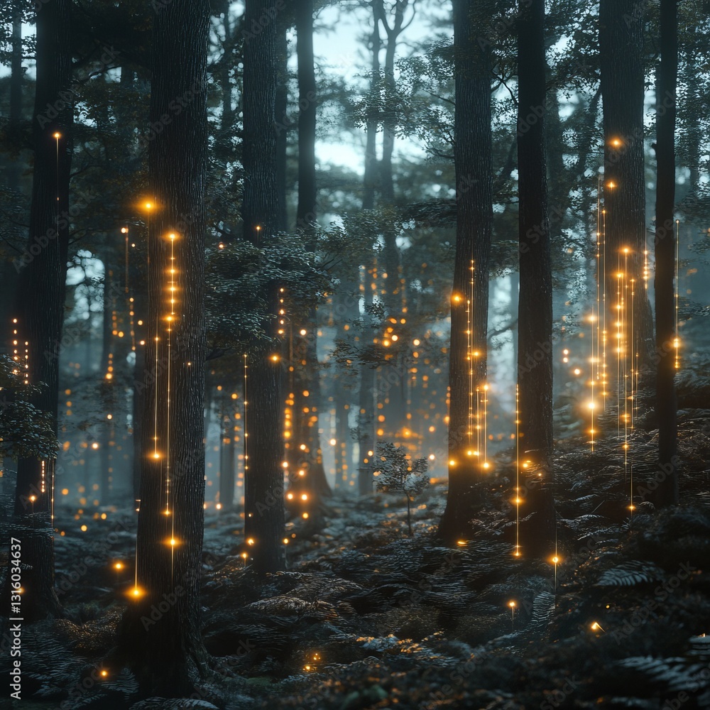 Aufkleber experience an enchanting forest scene where glowing nodes represent data amidst towering trees. the 