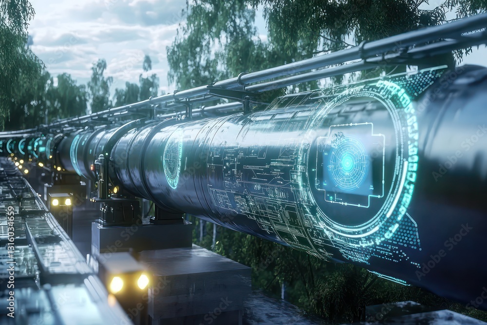 Poster machine learning holography detects leaks in futuristic oil pipeline.