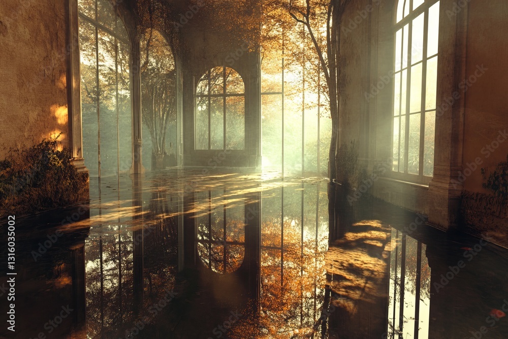 Poster discover a surreal scene capturing reflections in an abandoned room, enhanced by soft autumn light f