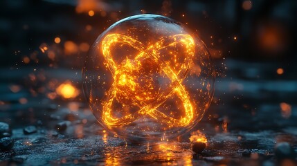 Futuristic neon-style golden atom with high-tech visual energy enhancements