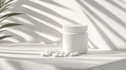Close-up of a pill bottle slightly open, with pills neatly placed on a white minimalist table 