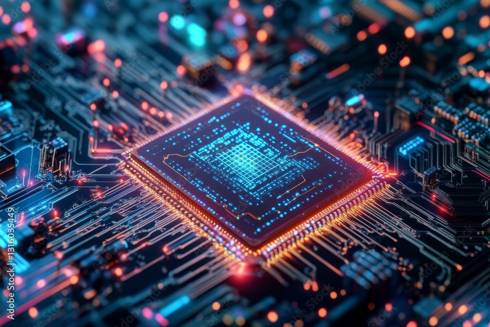 Poster this image showcases a vibrant computer chip surrounded by meticulously arranged circuit board eleme