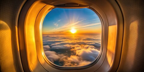 Fototapeta premium Golden Hour Above the Clouds An Aerial View from an Airplane Window at Sunrise
