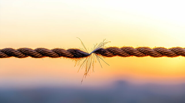 Close Up of a Brown Rope Breaking Under Tension Against a Blurred Golden Sunset Sky Symbolizing Stress and Reaching a Breaking Point
