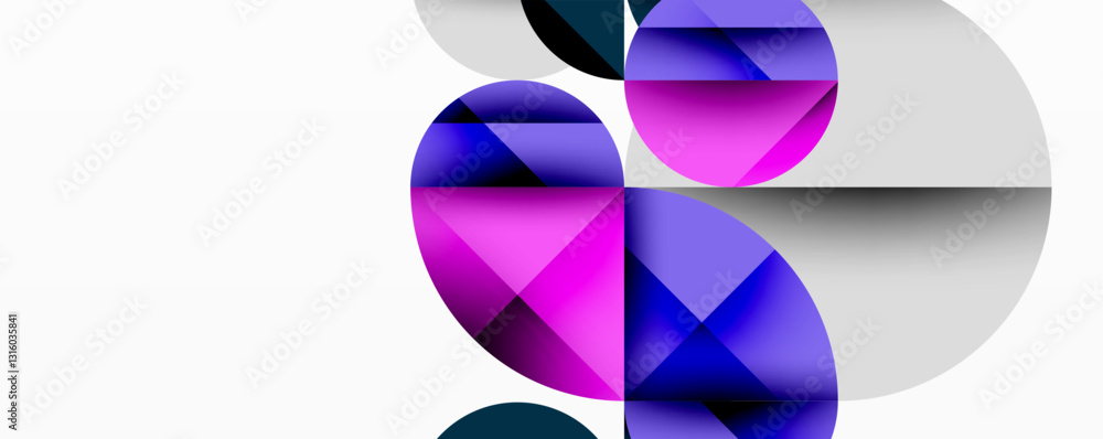Poster Abstract geometric design with intersecting circles, triangles, squares and sharp angles creating a layered composition with gradients, depth, and contrast