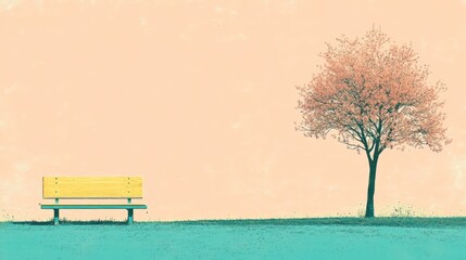 Fototapeta premium Serene park bench, spring tree, peaceful background; meditation, relaxation