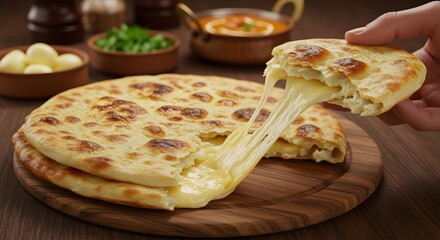 Hand Holding Cheese Naan Bread with Melting Cheese Pull