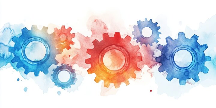 This vibrant watercolor illustration features colorful gears set against a white background, perfect for themes of technology, innovation, and teamwork.
