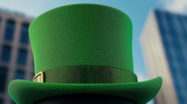A vibrant green top hat stands out against a city backdrop, symbolizing celebration and festivities, likely related to St. Patrick's Day.