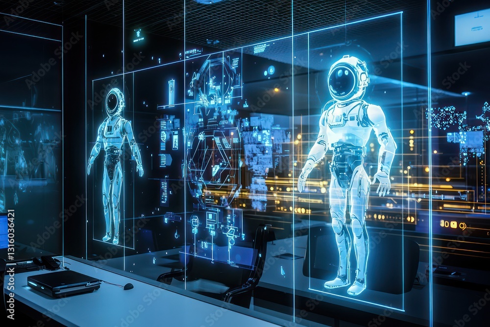 Poster holographic visualizations of space missions powered by robots in lab.