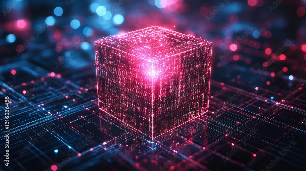 Poster futuristic neon cube with digital circuit patterns illuminated in red and blue