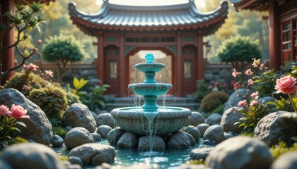 Serene Asian Garden Fountain Tranquil Water Feature in a Peaceful Courtyard