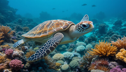 Obraz premium Majestic Sea Turtle Gracefully Swimming in Vibrant Coral Reef